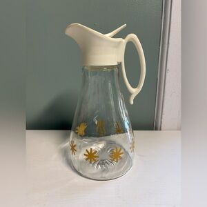 Vintage Log Cabin Syrup Dispenser Glass Bottle Pitcher Gold Atomic Starburst